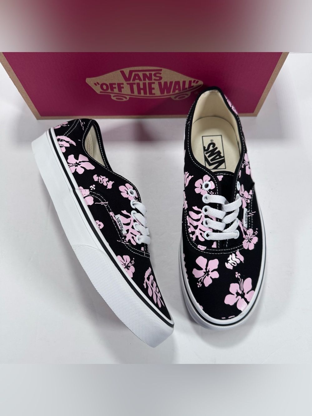 Vans Authentic Archive Black Pink Hibiscus Flower Print Sneaker Women 9 Men 7.5